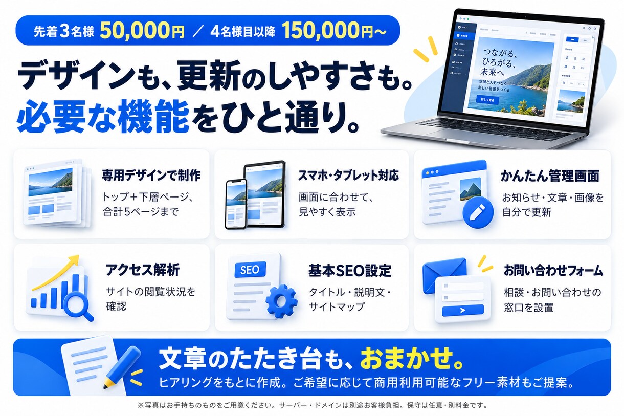 見本を送るだけでオーダーメイドHPを作ります 先着3名様限定価格。管理画面付き・スマホ対応 イメージ3