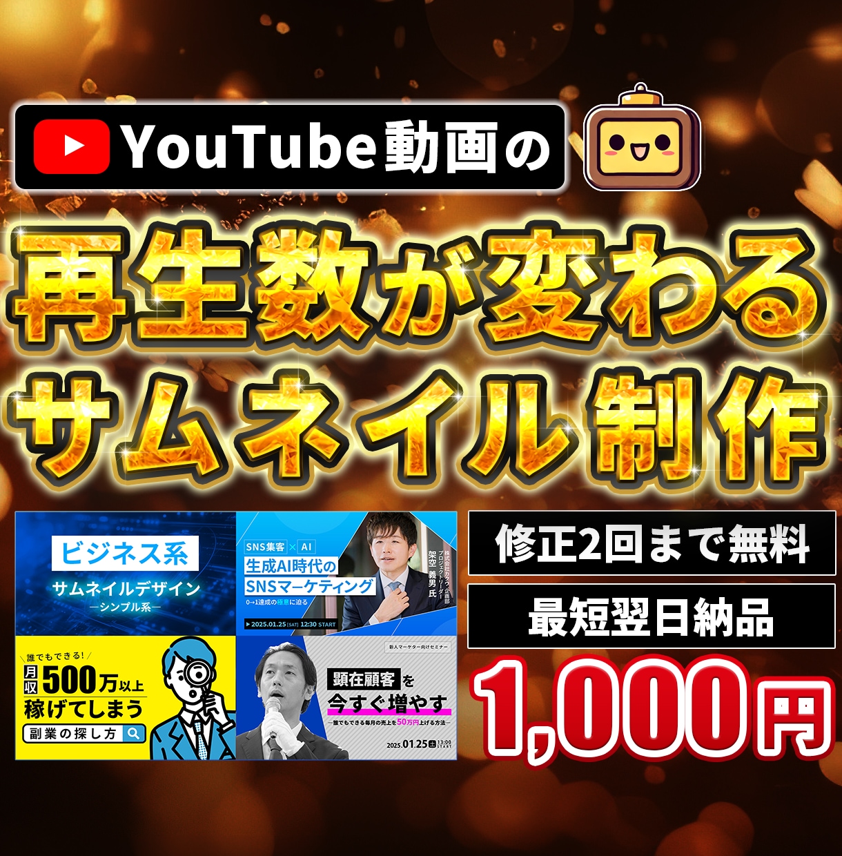 YouTube動画用のサムネイル制作いたします 親切対応をお約束！動画に合うサムネを1000円でお届け！ イメージ1