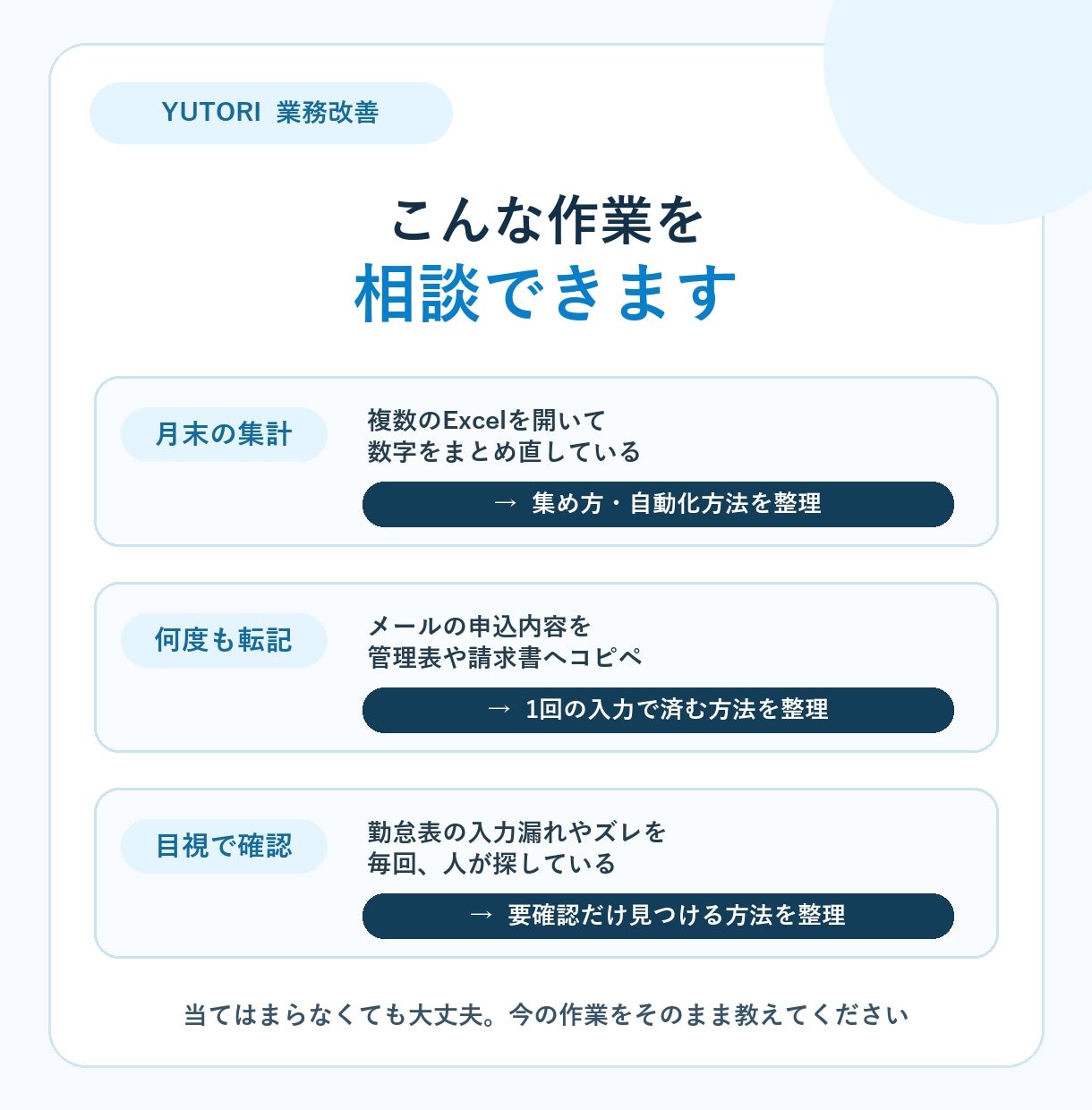 面倒なExcel作業を整理し、改善方法を提案します あなたのExcel作業を聞いて、合う改善方法を提案 イメージ2