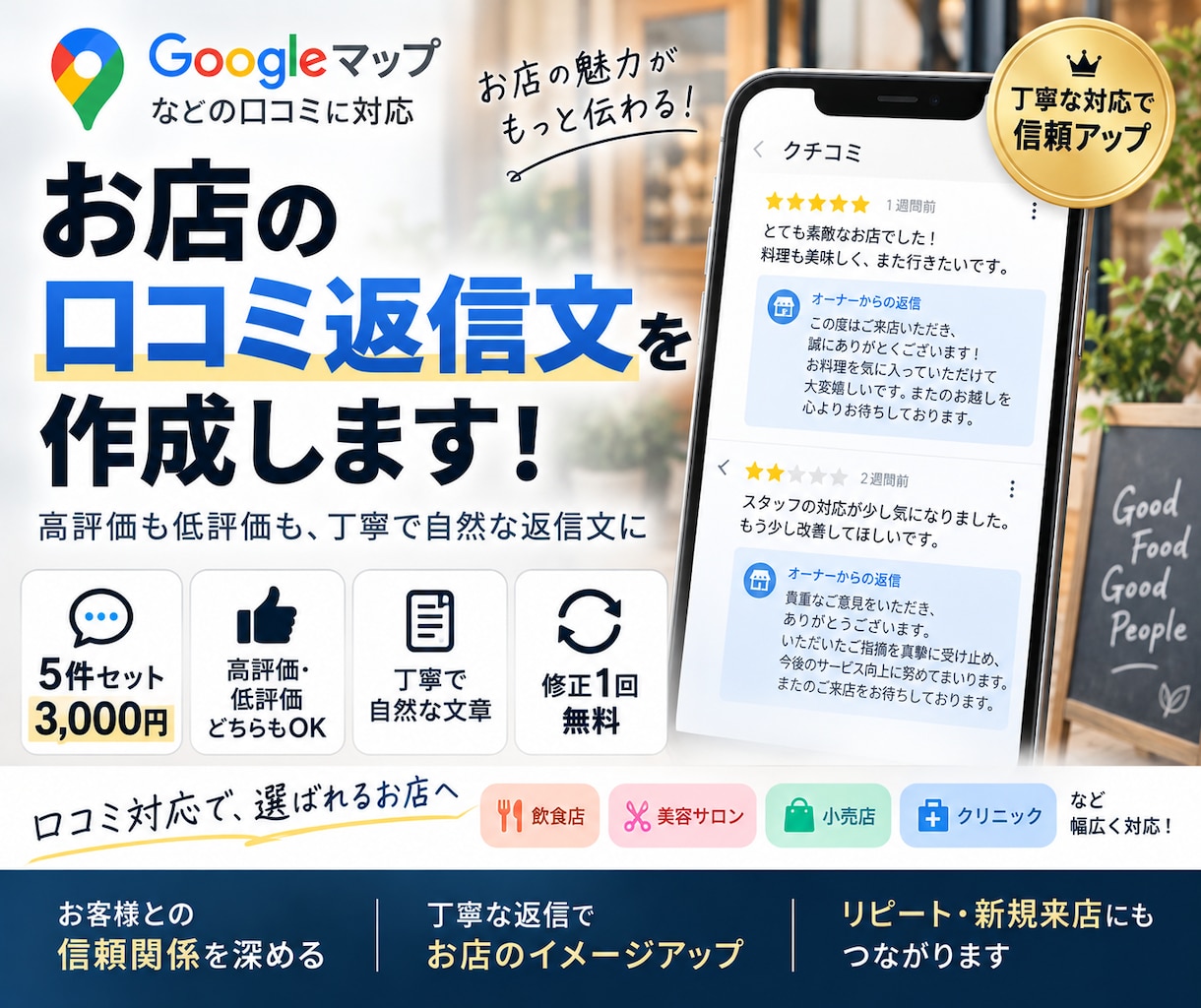 お店の口コミ返信文を5件作成します 高評価も低評価も、お店に合う自然な返信文へ整えます イメージ1