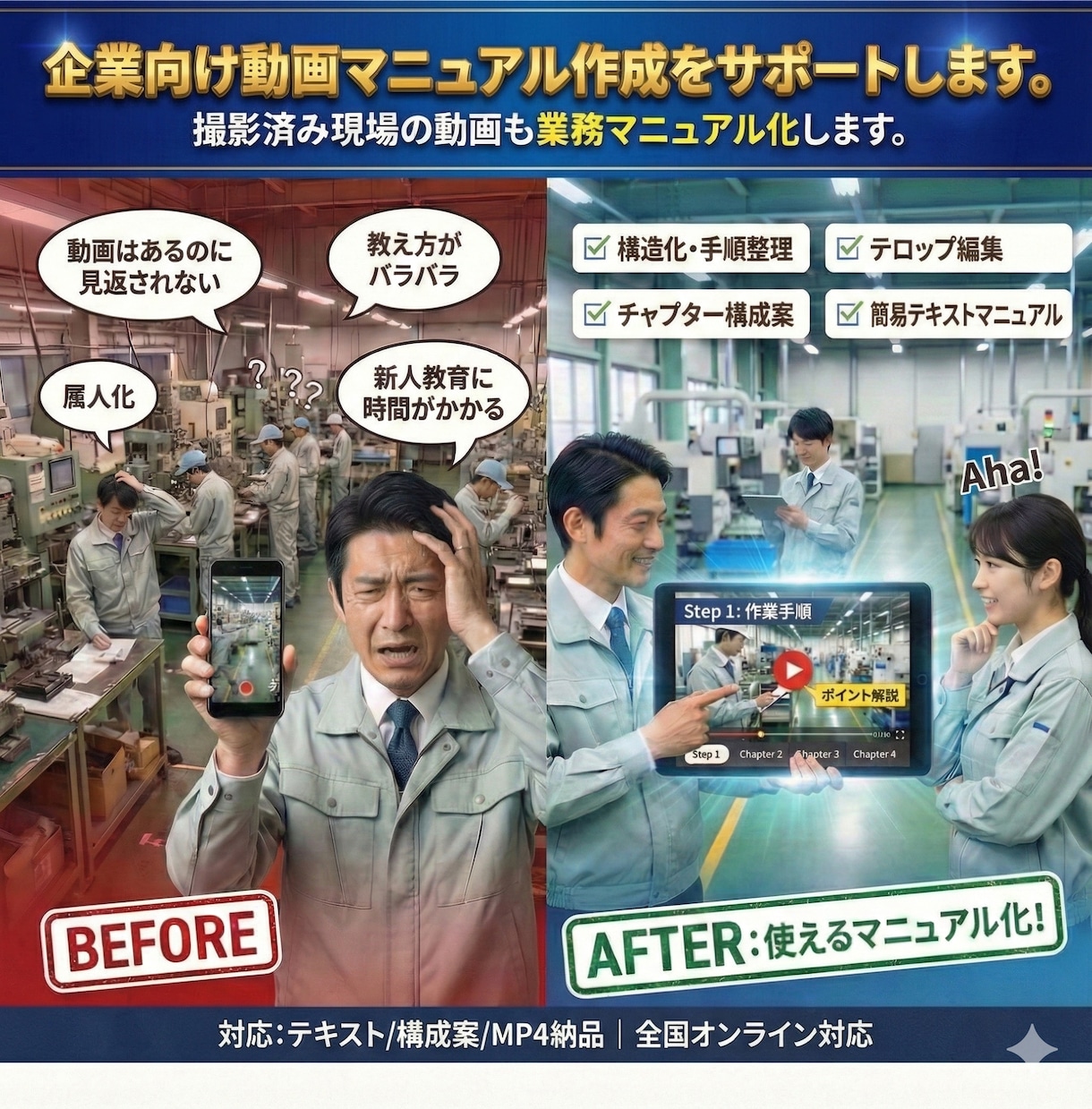 企業向け動画マニュアル作成をサポートします 撮影済み現場の動画も業務マニュアル化します イメージ1