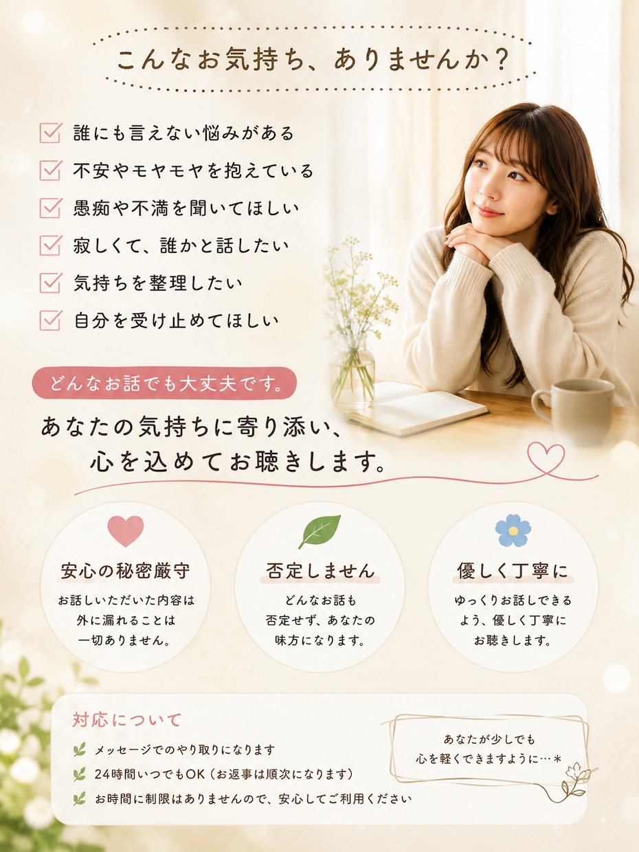 30〜40代女性　誰にも言えない心の悩みを聞きます 一人で抱えず安心してお話しください イメージ2