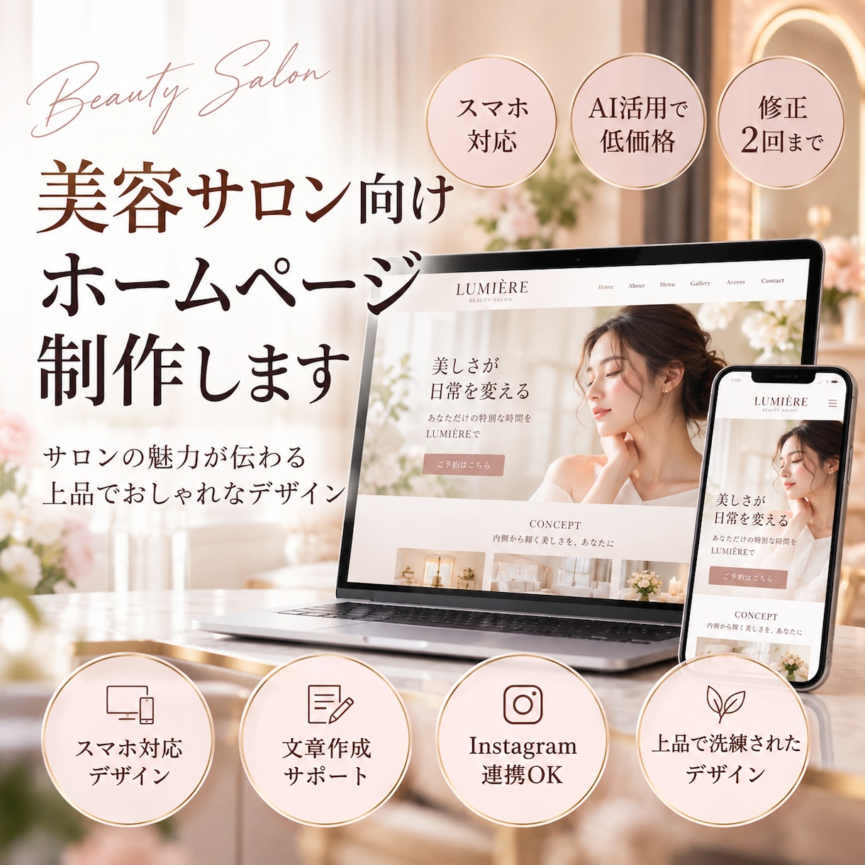 美容サロン向けホームページを制作します AI活用で低価格！スマホ対応の上品なデザイン イメージ1