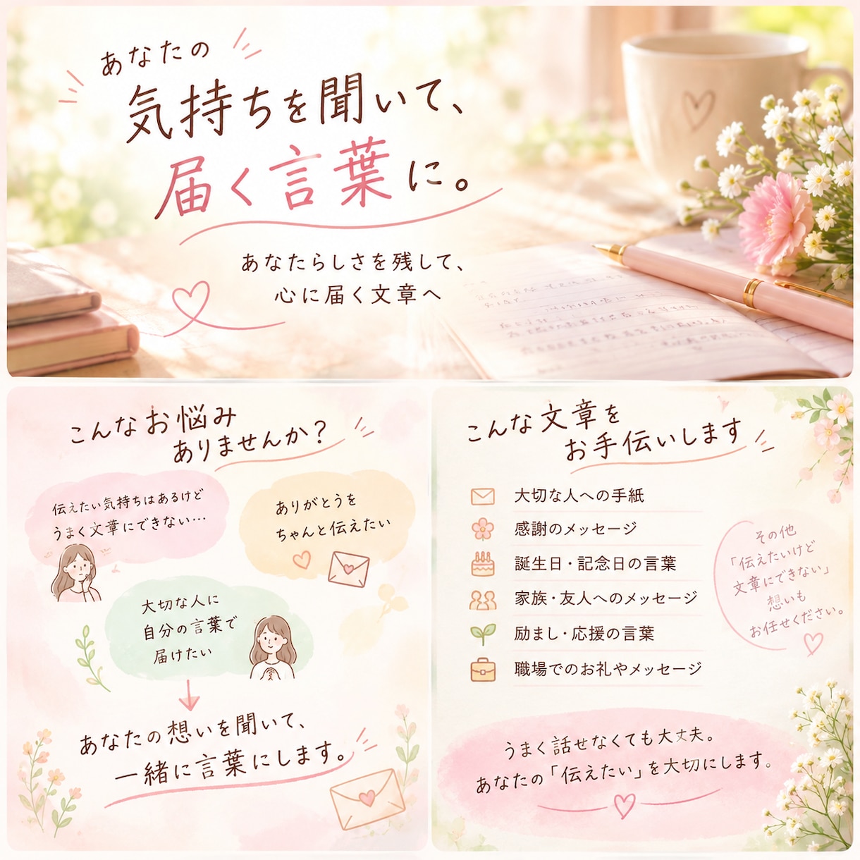 あなたの気持ちを聞いて、届く言葉に整えます あなたらしさを残して心に届く文章へ イメージ1