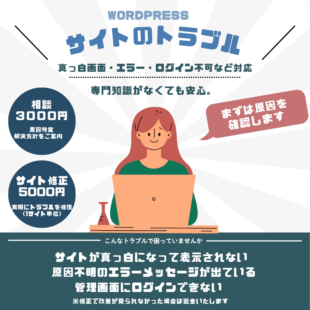ワードプレスの不具合修正・エラー対応します サイトが壊れた！をスピード解決|プロによる丁寧な対応・説明 イメージ1