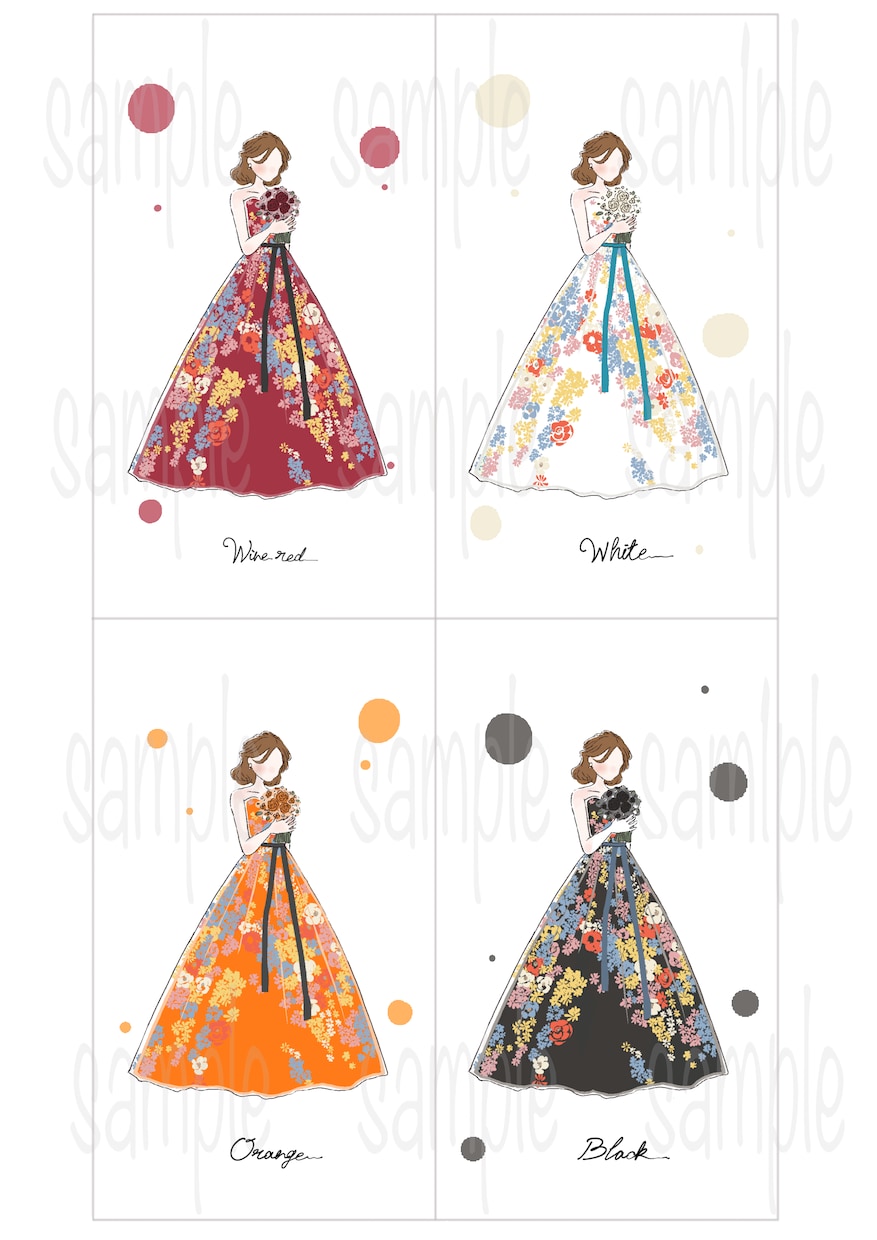 結婚式のドレス色当てクイズのイラスト作成します 新婦様のみ全身バージョン！！花柄無しももちろんOKです！ イメージ5
