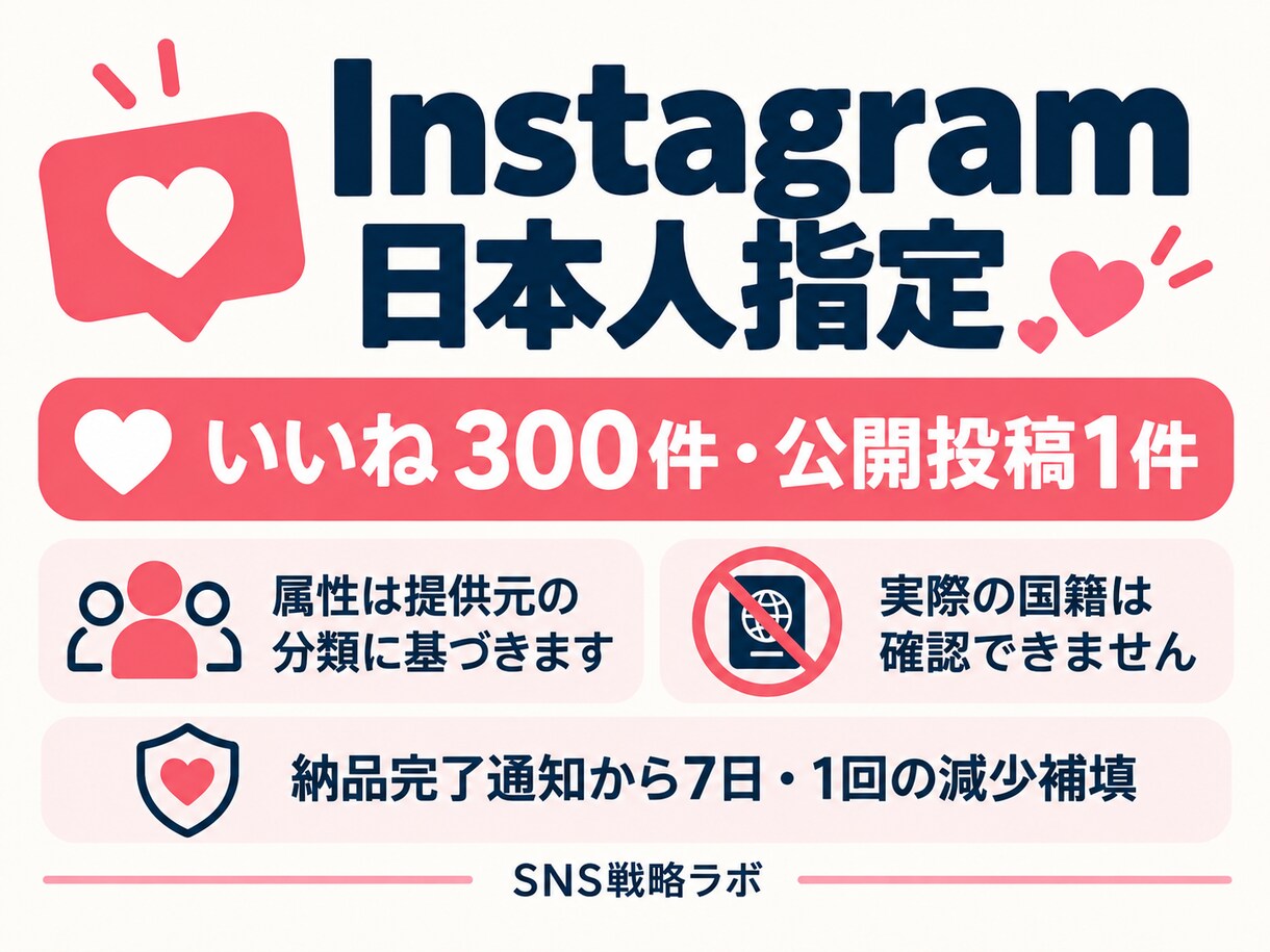 インスタ日本人指定いいね300件を手配します 提供元の分類による属性指定／7日・1回補填 イメージ1