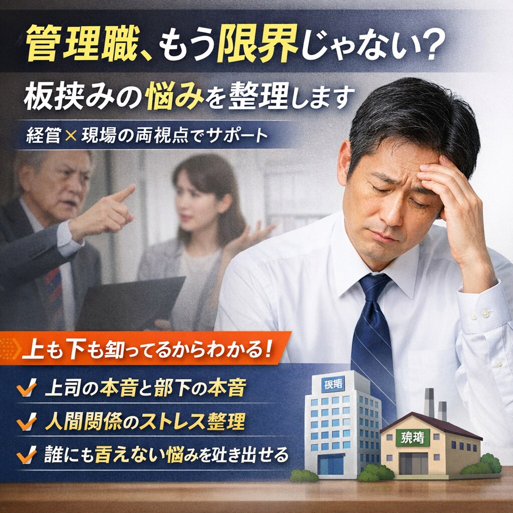板挟みでしんどい管理職・リーダーの悩みを整理します 上と下に挟まれて「誰にも言えない」を吐き出していい場所 イメージ1