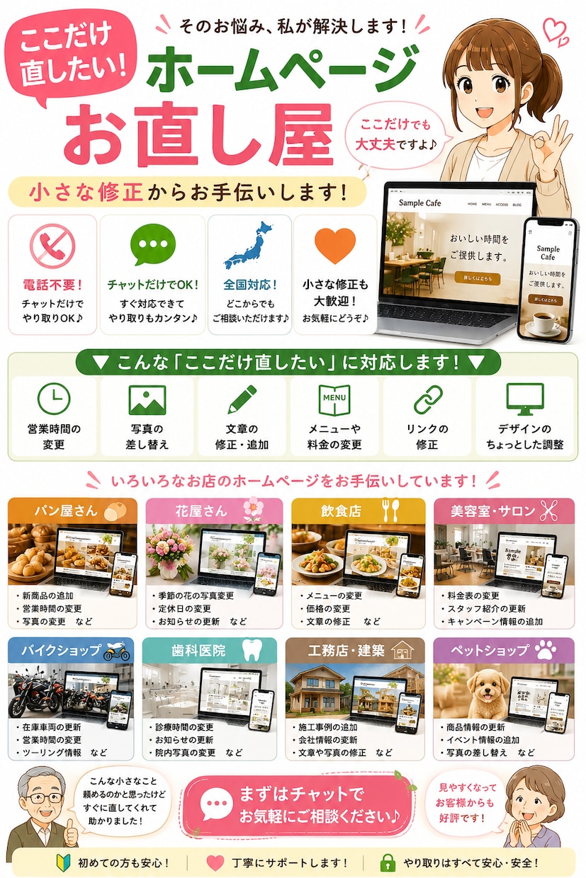 ホームページの「ここだけ直したい」をお手伝いします 「ここだけ直したい！」そんなご相談を大切にしています。 イメージ1