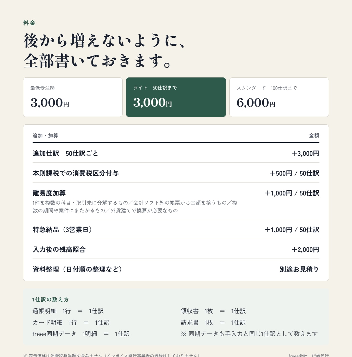 freee専門｜料金を全公開して記帳代行します 1仕訳の数え方も、加算料金も、できないことも先に書いています イメージ2