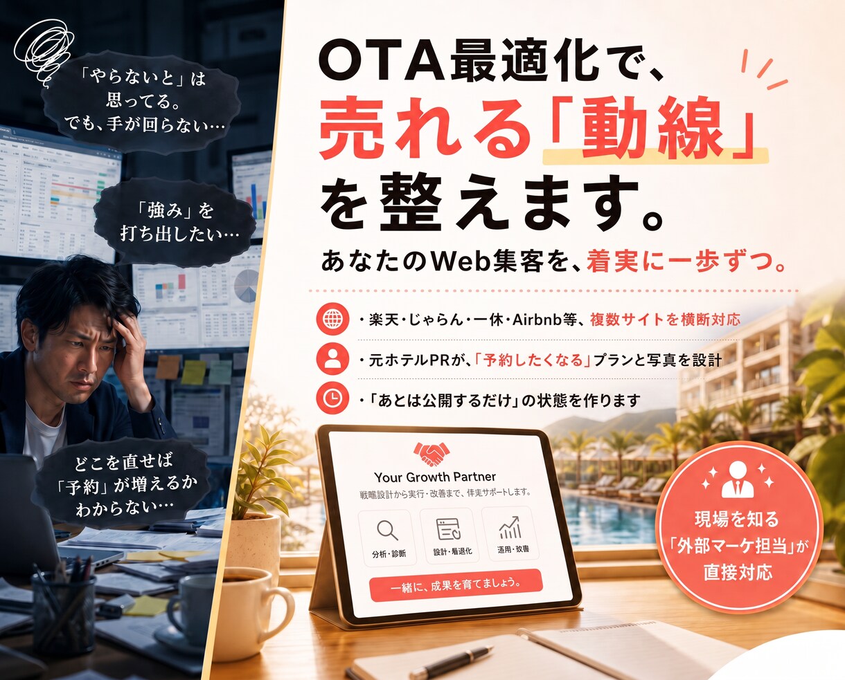 OTAの最適化でWeb集客が着実に一歩ずつ進みます 複雑な設定も丸投げOK！売れる動線構築でWeb集客を改善！ イメージ1