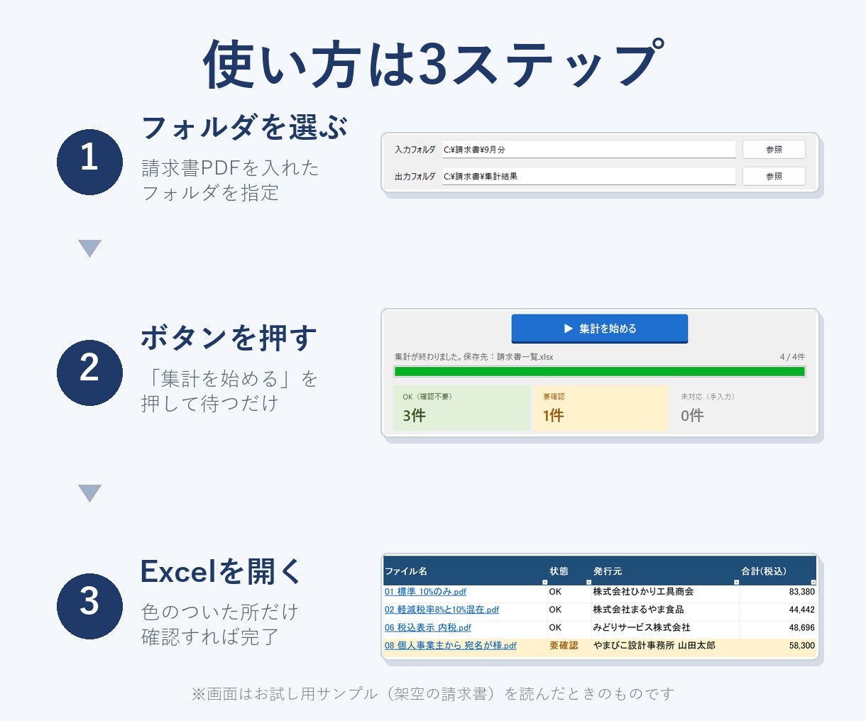 請求書PDF→Excelに自動で一括集計できます 購入前に、御社の請求書で読めるか無料でお試しします イメージ4