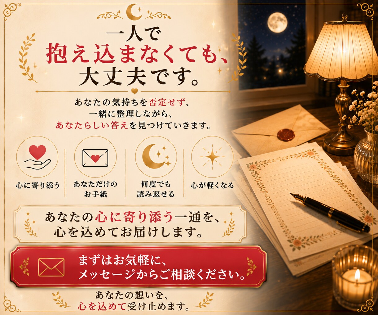 あなたらしい答えを見つけるお手紙をお届けします 答えを押し付けず、あなたが納得できる一歩を一緒に見つけます。 イメージ10