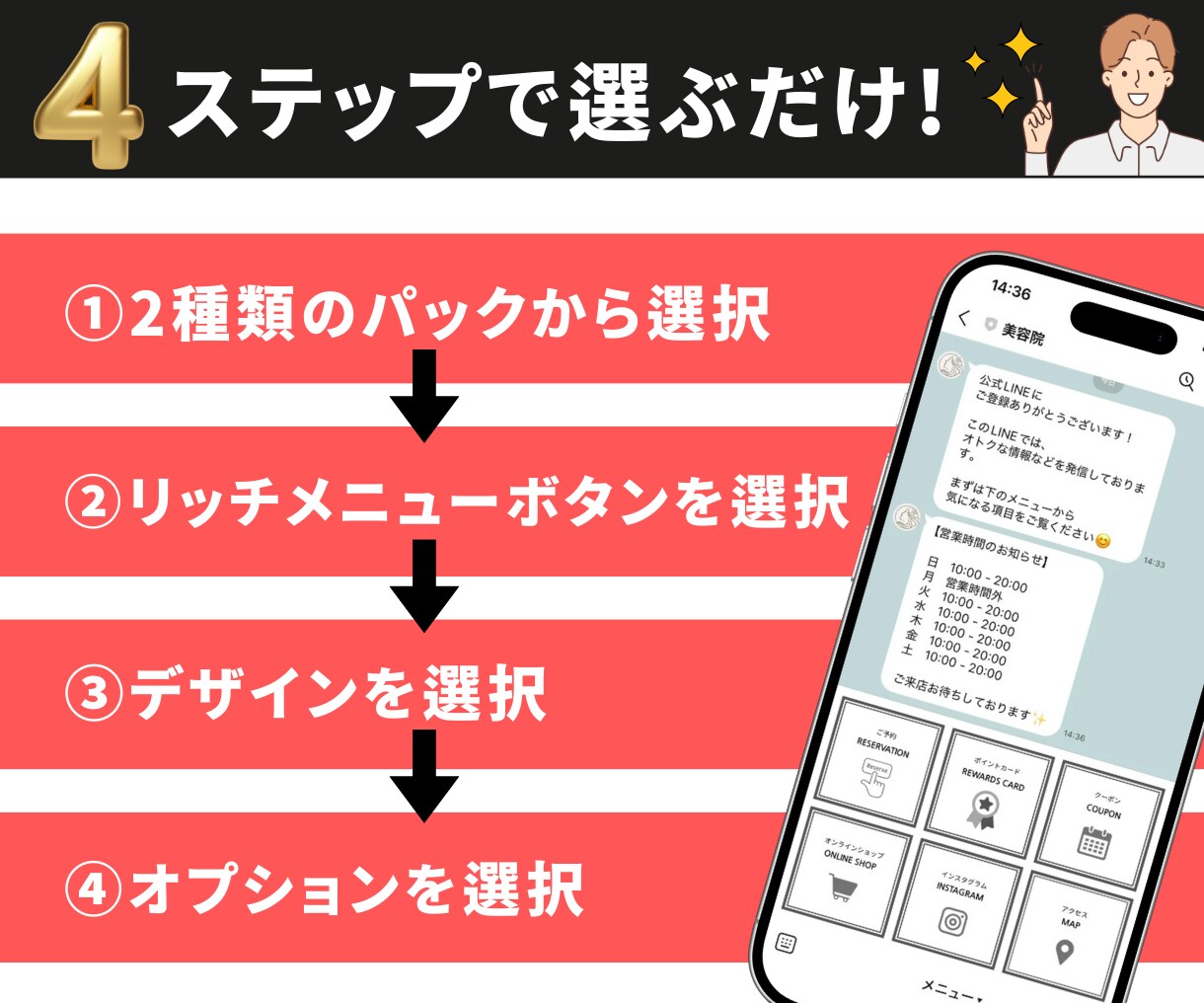 ４ステップで分かりやすい！公式LINEを構築します 「これを選べば大丈夫」な形から、LINEを始めませんか？ イメージ3
