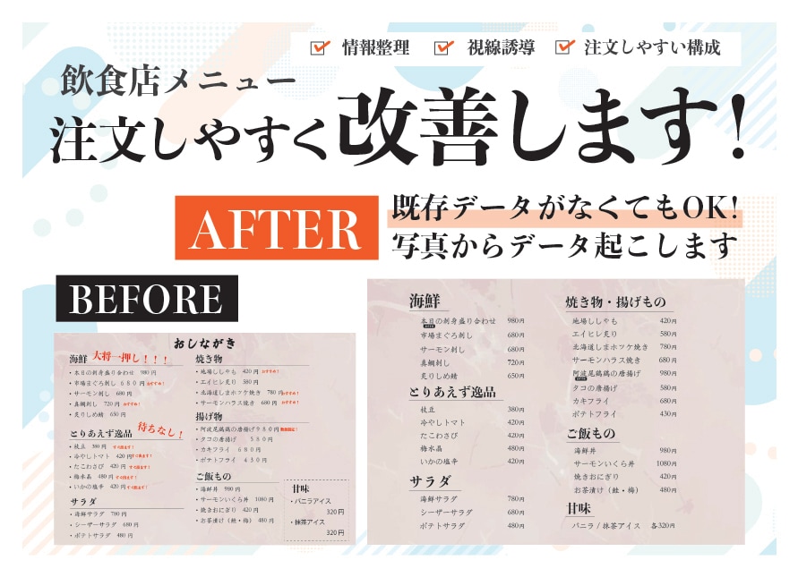 飲食店メニューを注文しやすく｜読みやすく改善します 値上げで崩れたメニューの整理にも対応しています。 イメージ1