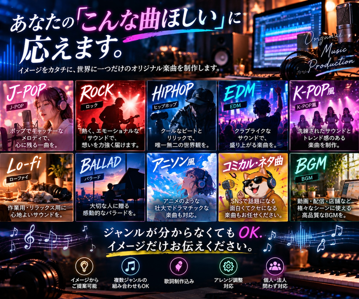 思い出をオリジナル曲にします あなたの想い・物語・ブランドを、唯一無二の一曲に。 イメージ5