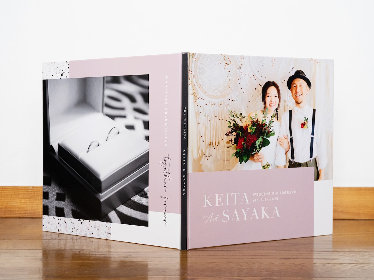 前撮りや結婚式写真で2面/3面の記念台紙作ります 4色展開のくすみカラーがおしゃれで透明感を感じるデザイン 結婚式・記念日デザイン ココナラ