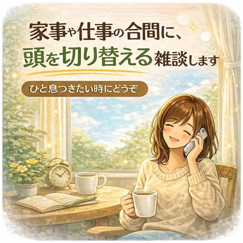 家事や仕事の合間に、頭を切り替える雑談します 頑張りすぎた頭を、少しゆるめる通話時間です。 イメージ1