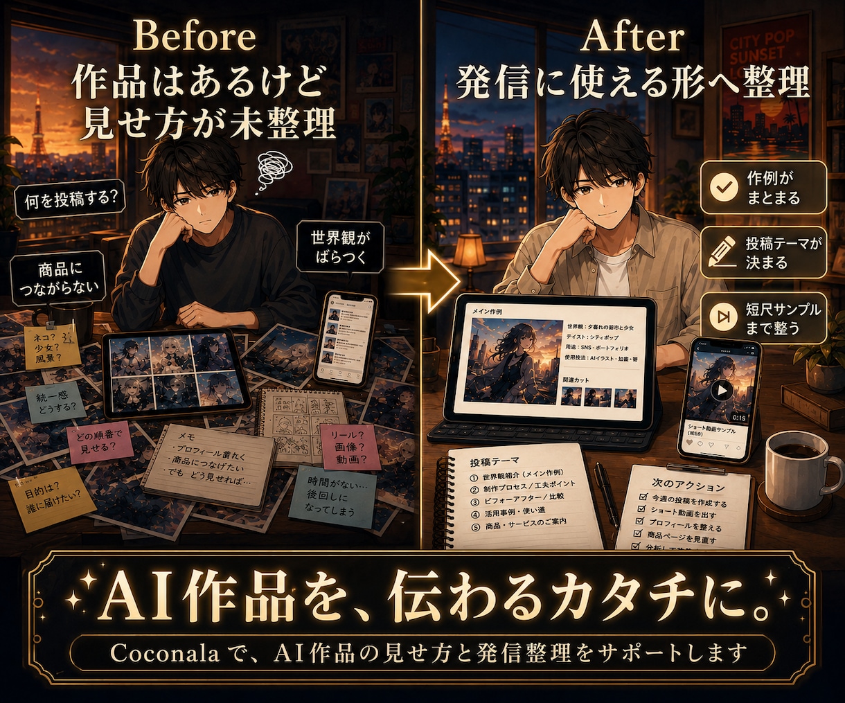 AI作品の見せ方と発信導線を整理します 作例づくり・投稿テーマ・短尺サンプルまで整えたい方へ イメージ1