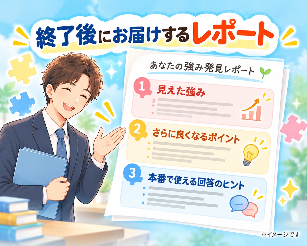 強み発見レポート付きで教採の面接練習をします 教員採用試験の不安が自信に変わる60分。現役教師×ほめ達検定 イメージ6