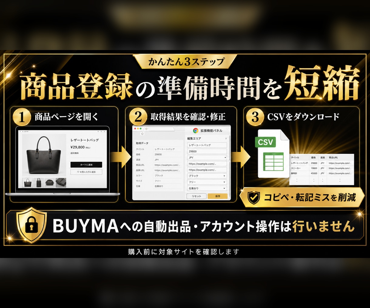 BUYMA商品登録用データをCSVへ整理します 商品名・価格・サイズ・画像URLをまとめて取得 イメージ2