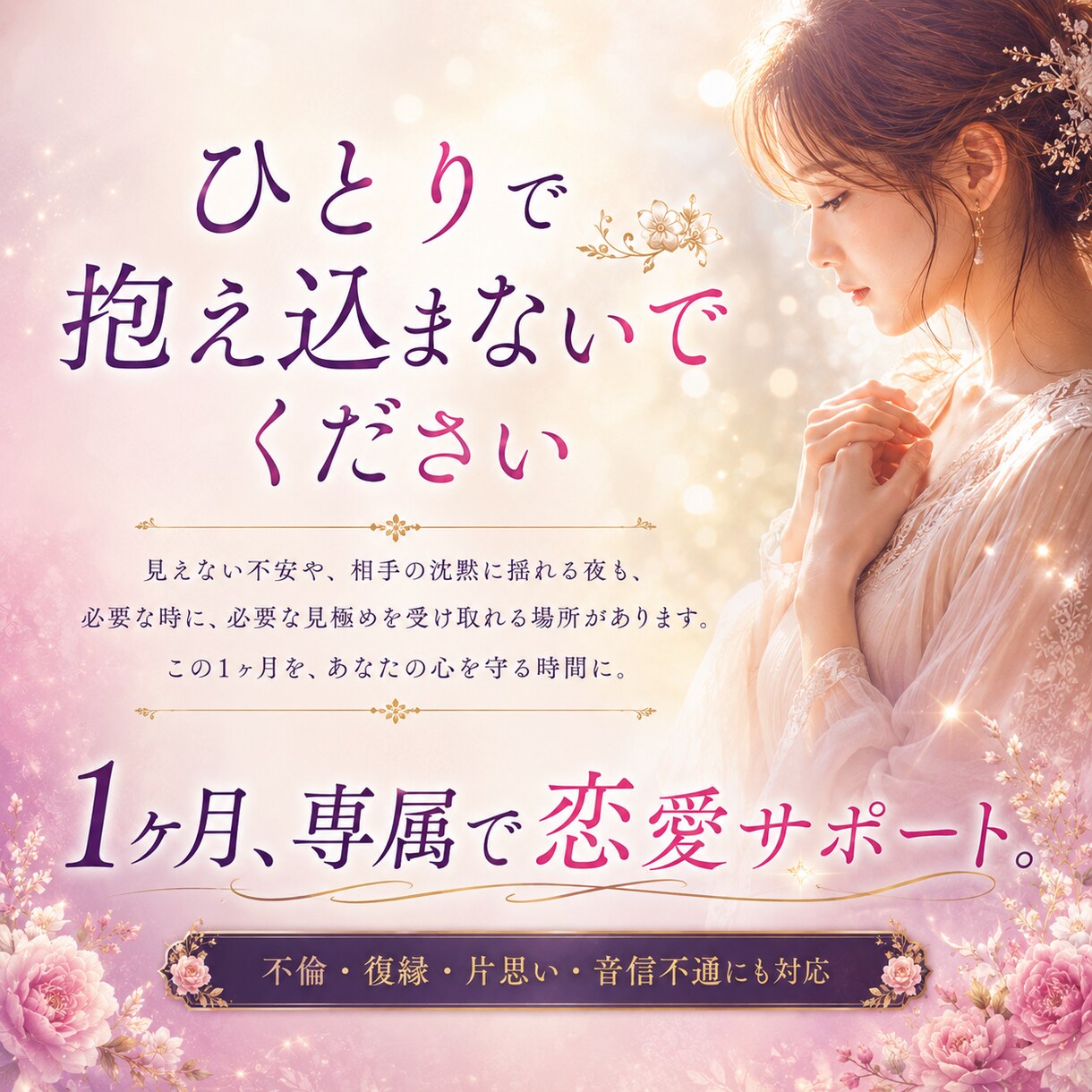 1ヶ月、複雑な恋愛を専属で霊視サポートします 不倫・復縁・片思い・音信不通｜相手の本音と進む道を見守ります イメージ1