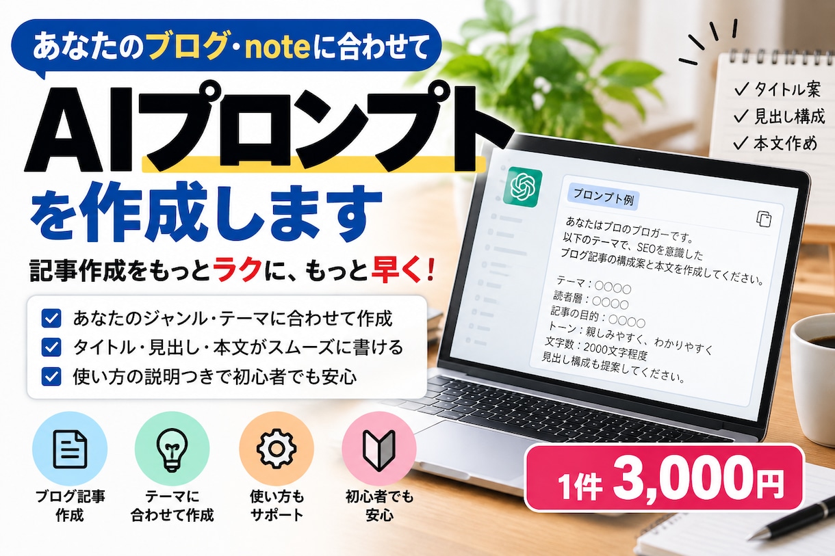 ブログ・note記事用のAIプロンプトを作成します テーマに合わせて作成！ブログ記事づくりをAIで効率化 イメージ1