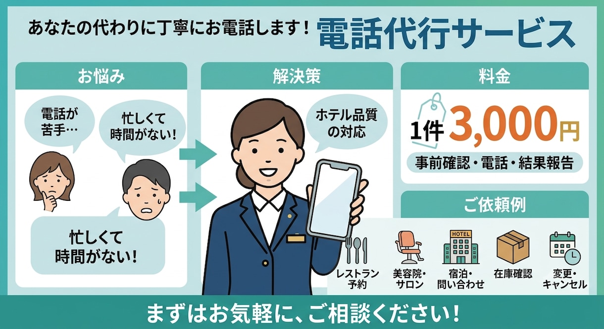 電話が苦手・面倒・時間がない人の代わりに電話します ホテルレセプション経験者が、あなたに代わって丁寧に対応します イメージ1