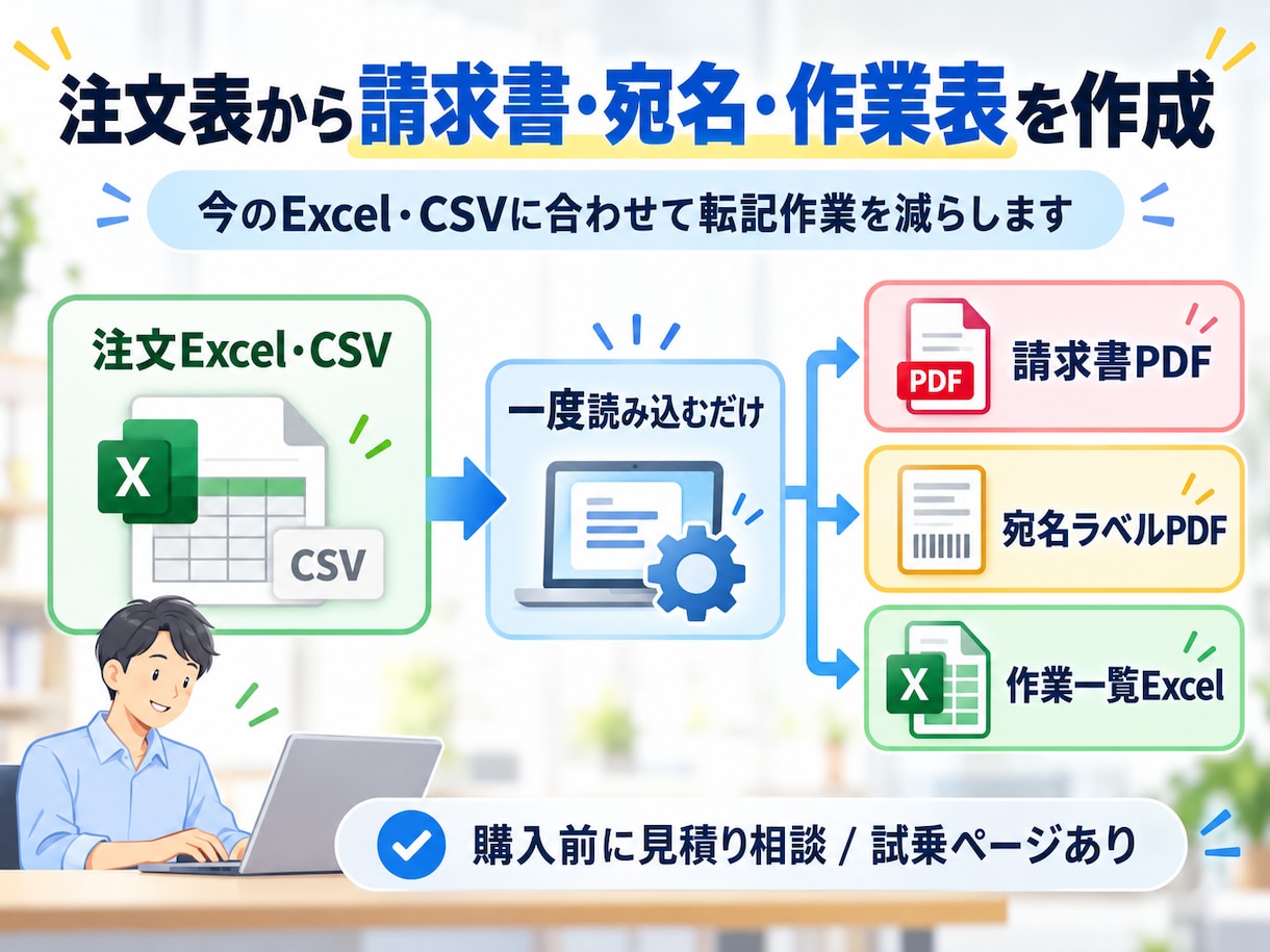 注文表から請求書・宛名・作業表を作成します 今のExcel・CSVに合わせて転記作業を減らします イメージ1