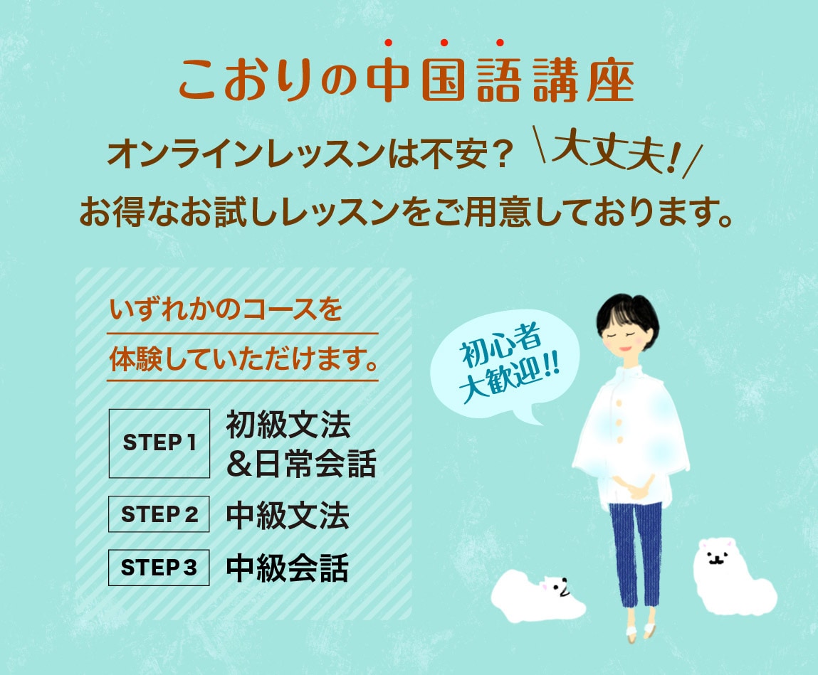中国語お試しレッスンをご体験いただけます 講師は京都で宿を経営するネイティブ、日本語が流暢に話せます。 イメージ1