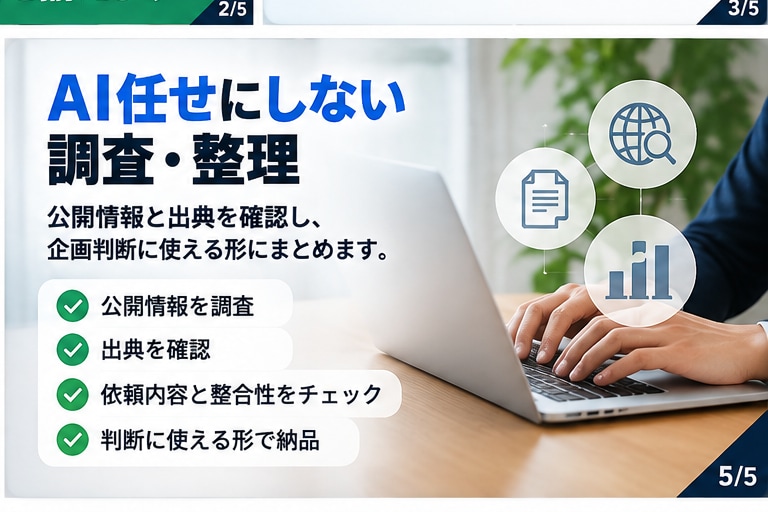 企画を公開情報で検証し判断材料を整理します 事実と仮説を分け、企画の次の一手まで整理 イメージ5