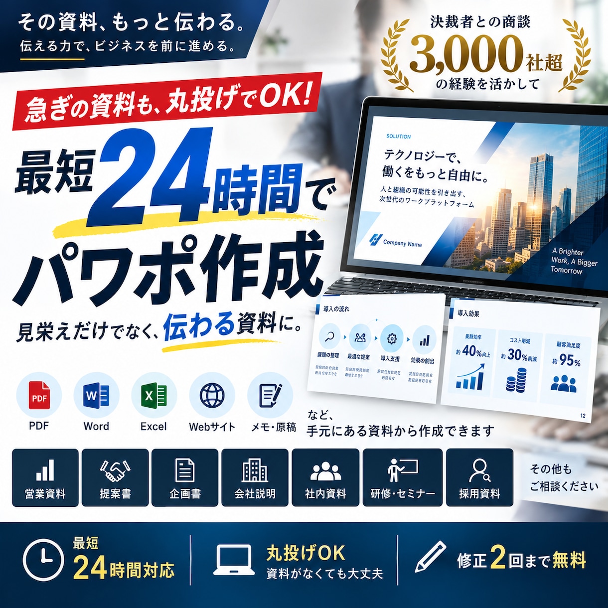 丸投げOK！最短24時間でパワポ作ります 急ぎの資料こそ、見栄えまで任せてください イメージ1