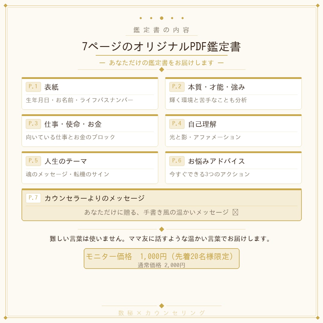 あなただけの数秘鑑定書をお届けします 数秘×カウンセラーが贈るあなただけのPDF鑑定書。 イメージ2