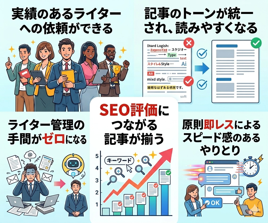 月間25万獲得ライター※1がSEO記事を執筆します 1文字1円の低価格！WP入稿無料！記事数・文字数自由！ イメージ7