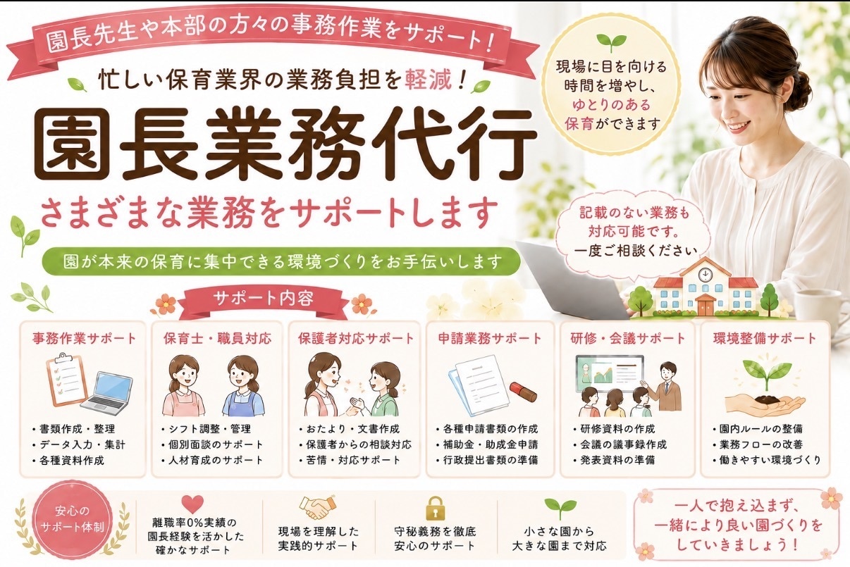 保育園の専門業務・事務作業をサポートします 園長経験者が陰からあなたを支えます！現場と向き合う時間へ イメージ1