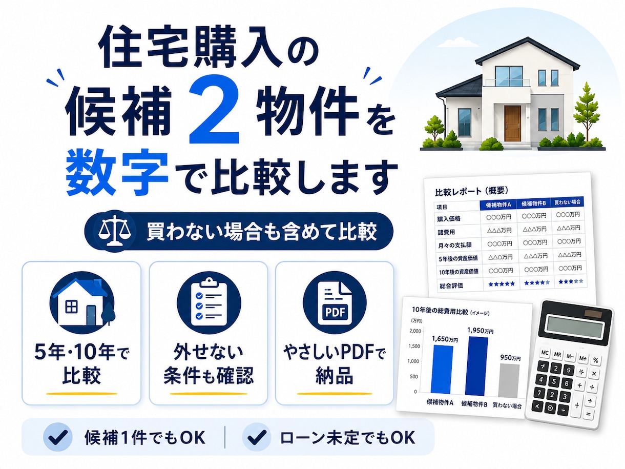 住宅購入の候補2物件を数字で比較します 買わない場合も含め、5年・10年でかかるお金を比較 イメージ1