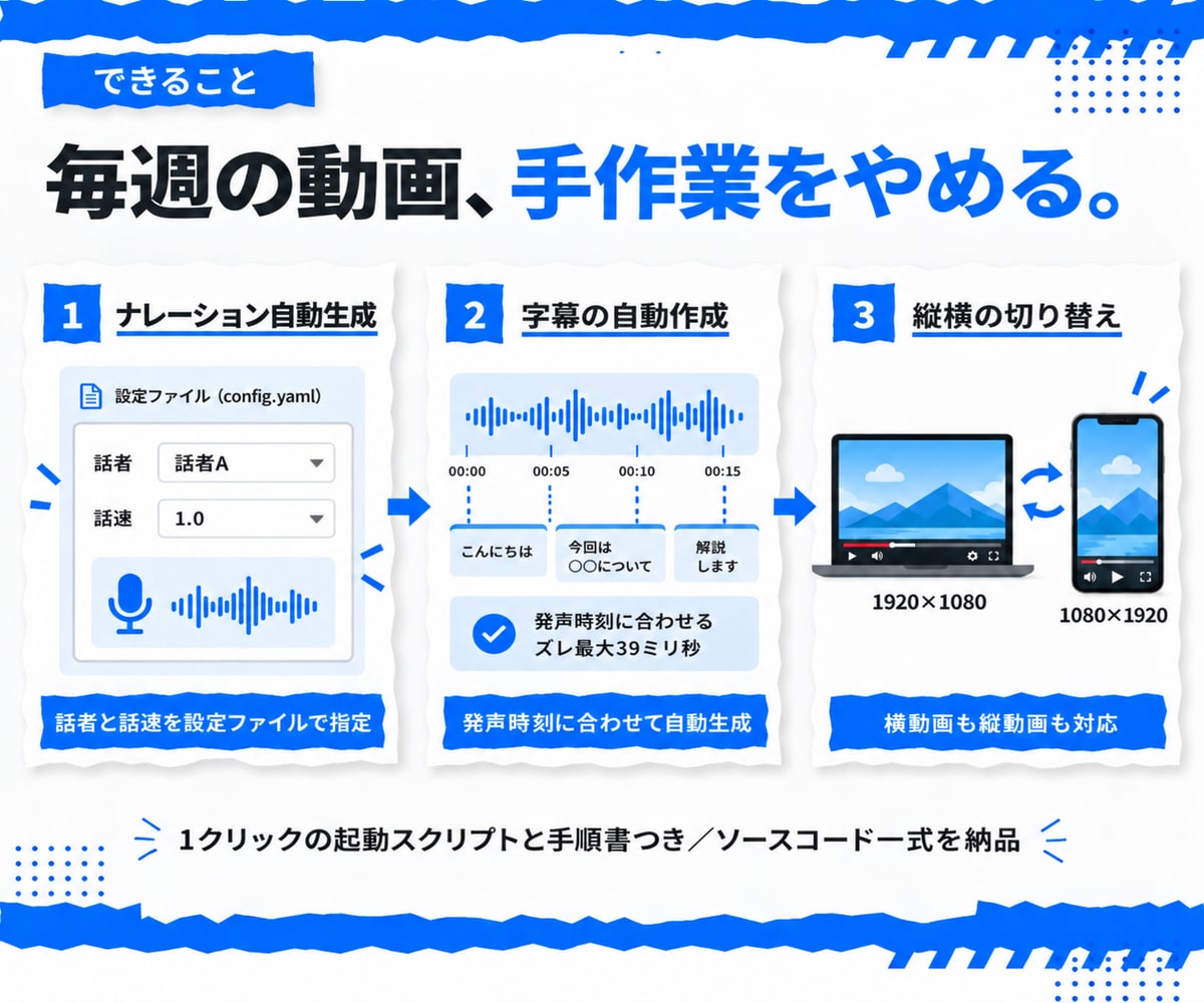 台本から解説動画を自動生成するツールを開発します 声・字幕・背景・スライド・BGMまで、自動で書き出します イメージ3