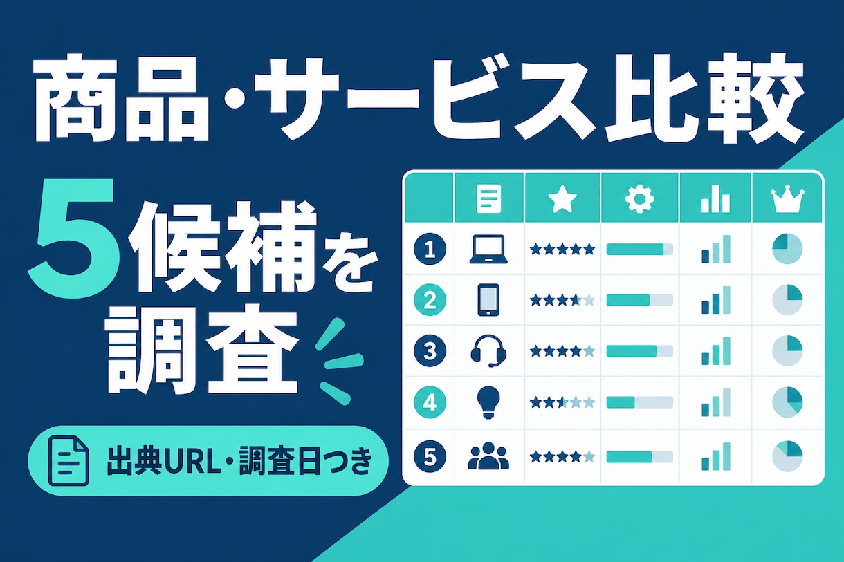 商品・サービス5件をWeb調査し比較表にまとめます 料金・特徴を出典URLと調査日付きで比較表に整理 イメージ1
