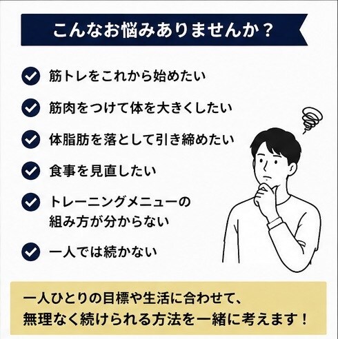 筋トレ初心者向け｜ボディメイクの相談に乗ります 筋トレや食事の悩みを一人ひとりに合わせてサポートします。 イメージ2