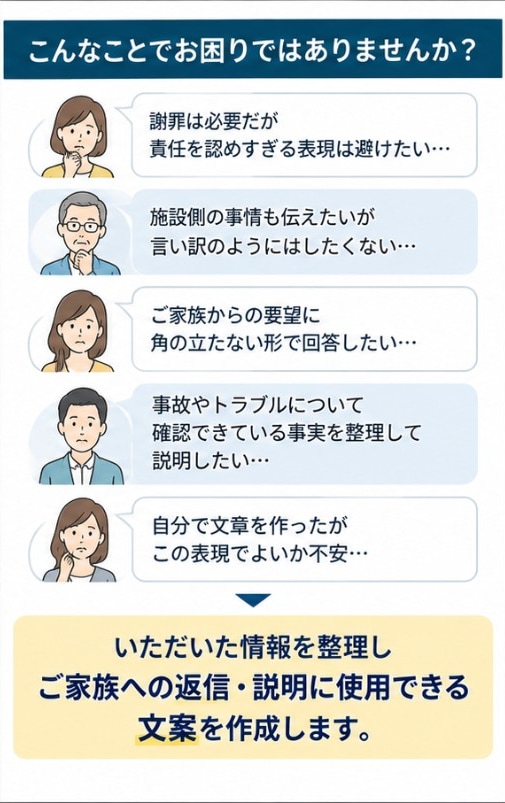 介護施設の家族への返信・説明文を作成します 生活相談員15年の経験を活かして文面を整えます イメージ2