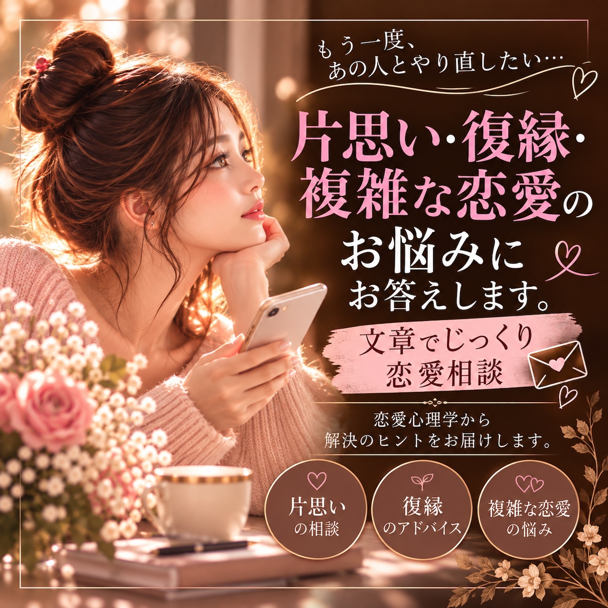 片思い・復縁・複雑な恋愛のお悩みにお答えします 電話が苦手な方へ♡恋愛心理学から解決のヒントをお届けします イメージ1
