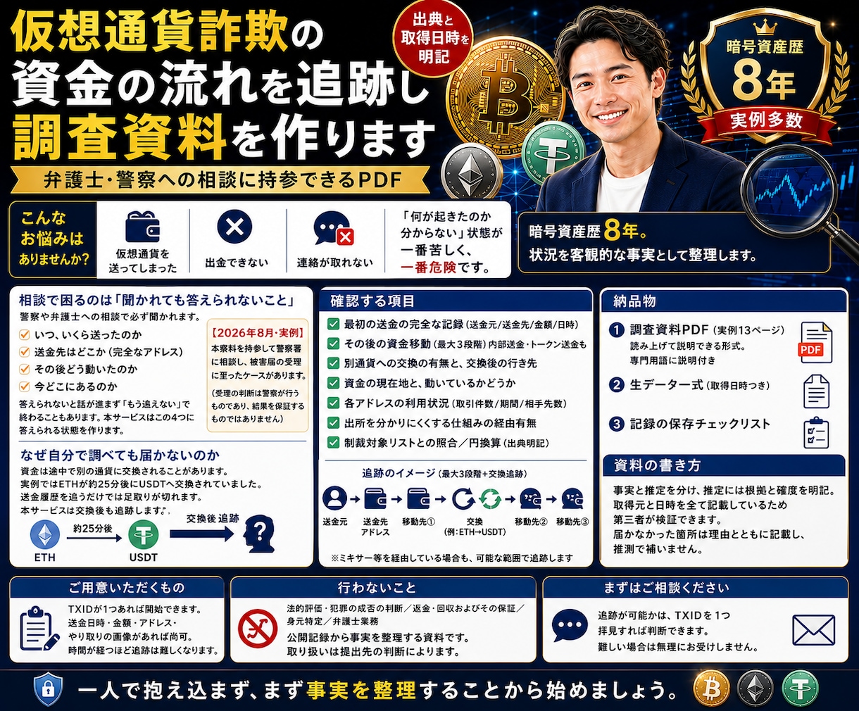仮想通貨詐欺の資金の流れを追跡し調査資料を作ります 弁護士・警察への相談に持参できるPDF｜出典と取得日時を明記 イメージ1