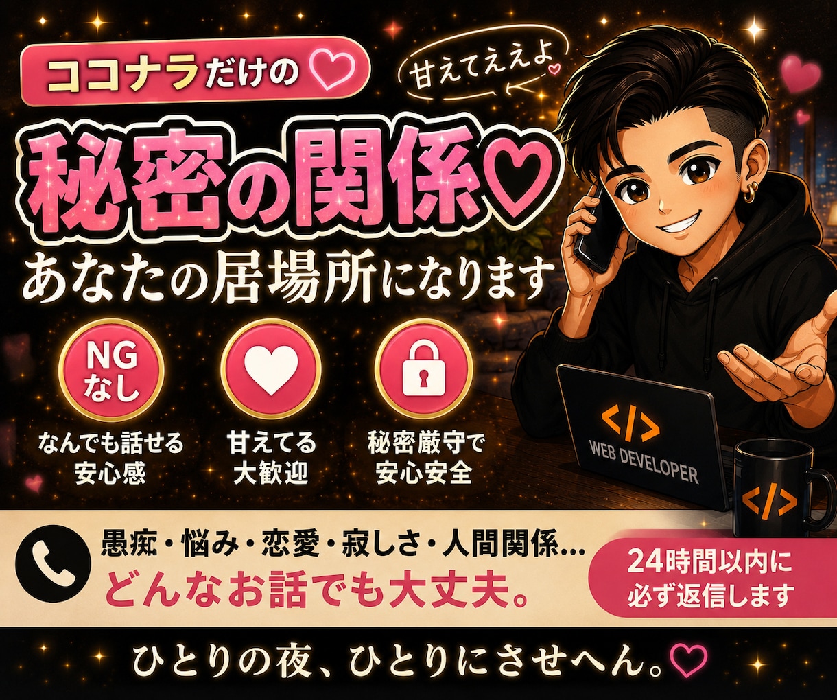 ココナラの秘密の関係♡甘えていい居場所になります 24時間チャットこの関係は、ココナラの中だけの秘密。 イメージ2