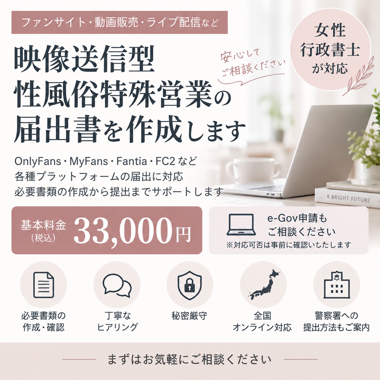 映像送信型性風俗特殊営業の届出書を作成します 女性行政書士が秘密厳守・全国オンライン対応 イメージ1