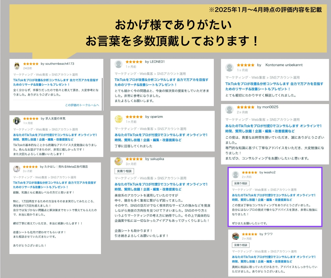 あなたのTikTokをプロが忖度0でコンサルします オンラインで1時間、質問し放題！企画・編集・改善提案など イメージ6