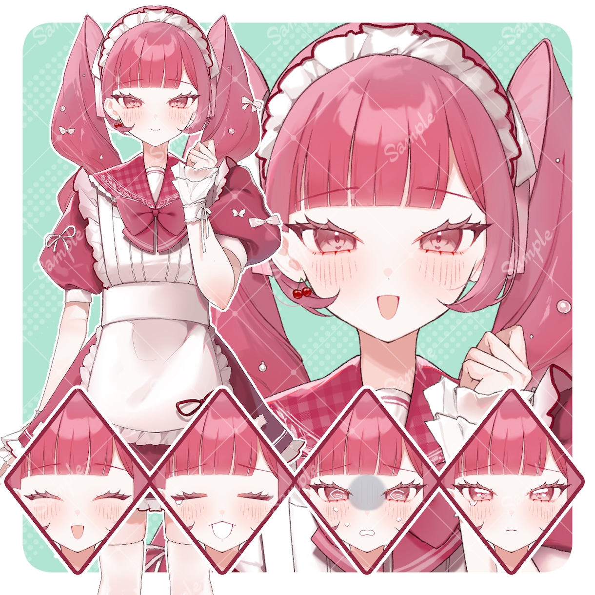 完成品セーラーメイド服の女の子の立ち絵を販売します 表情差分22種！リボンモチーフのピンクの女の子です イメージ1