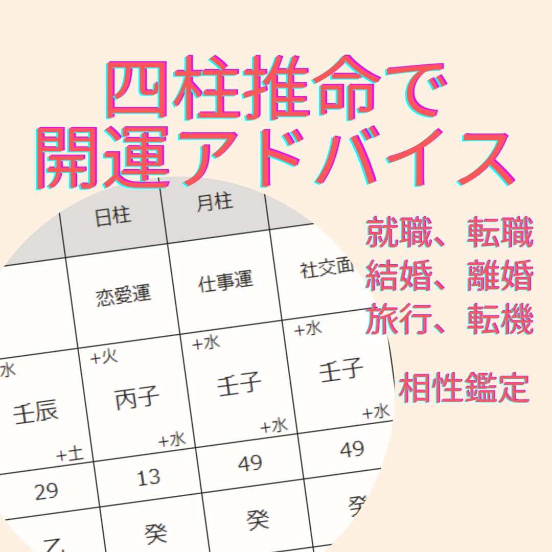 運氣のタイミングを【霊視と四柱推命鑑定】します 運勢の流れを知って、就職、転職、結婚、離婚を行いましょう！ イメージ1