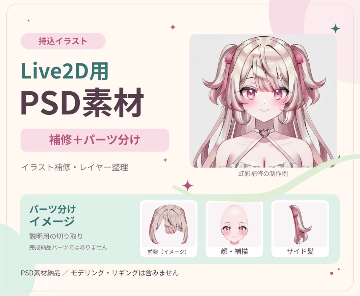 イラスト、持ち込みAI画像を補修・パーツ分けします 正面1枚の補修とPSD素材納品 イメージ2