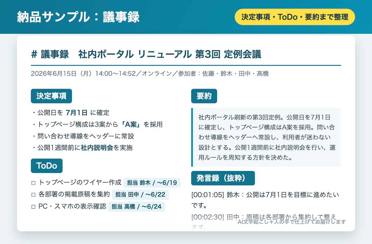 AI×人の手で会議の議事録を作成代行します 録音から、決定事項もToDoも整理した議事録に イメージ2