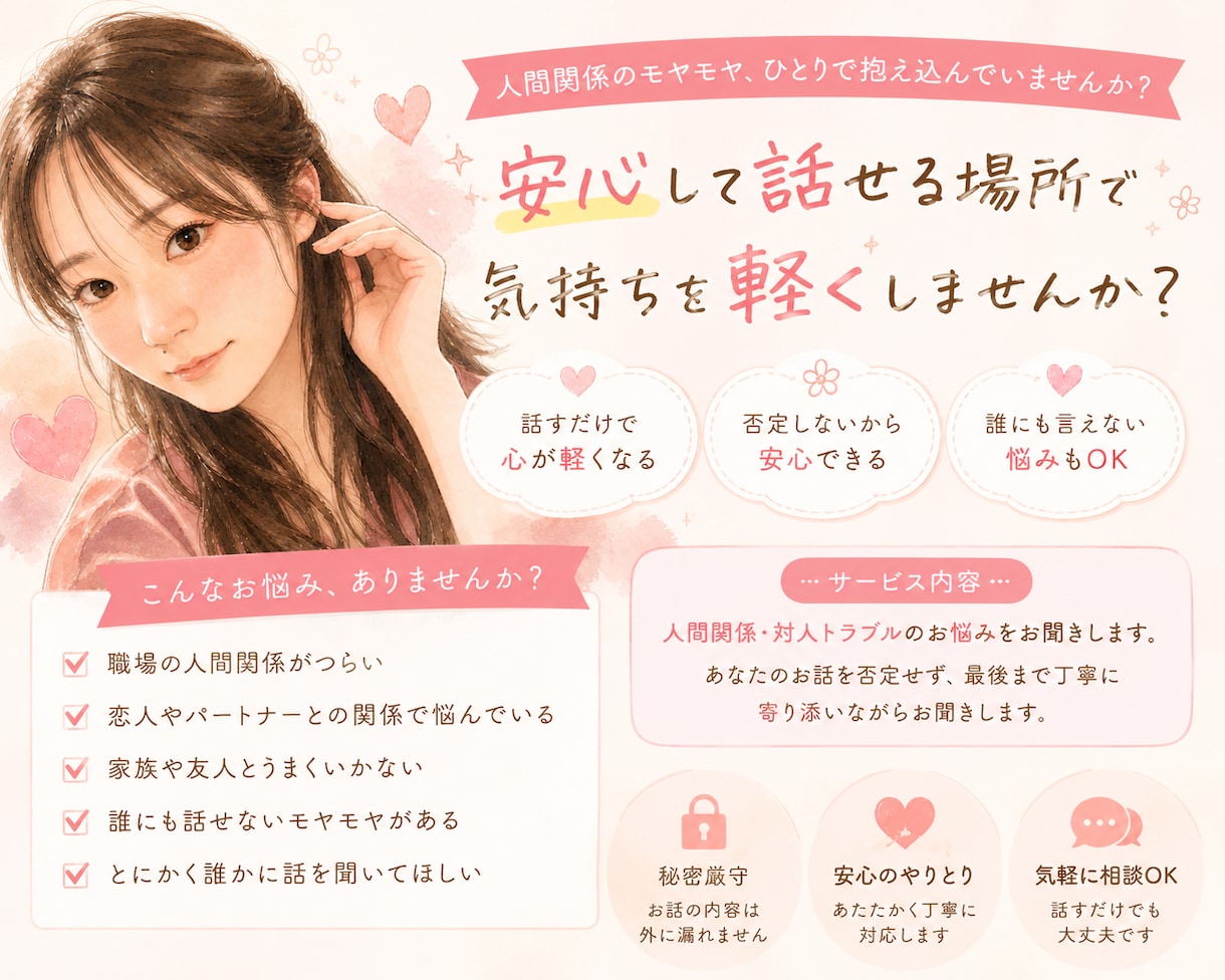 職場 恋愛家族・友人など人間関係のお悩みを聞きます 話すことで心が少しでも軽くなるよう、丁寧にお話を伺います。 イメージ1